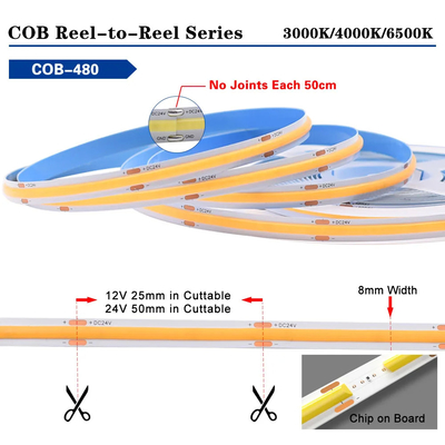 COB luz de banda LED 480LEDs CRI 90+ Brillo uniforme sin puntos No impermeable IP20 Flexible